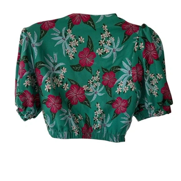 Pinup Couture Cropped Tropical Tiki Hawaiian Floral Tie-Front Top Medium - Picture 2 of 7